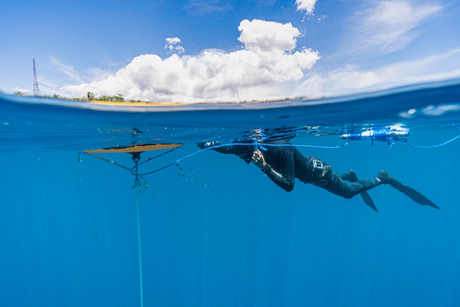 Scuba diver exploring underwater near surface with clear blue skies above.
